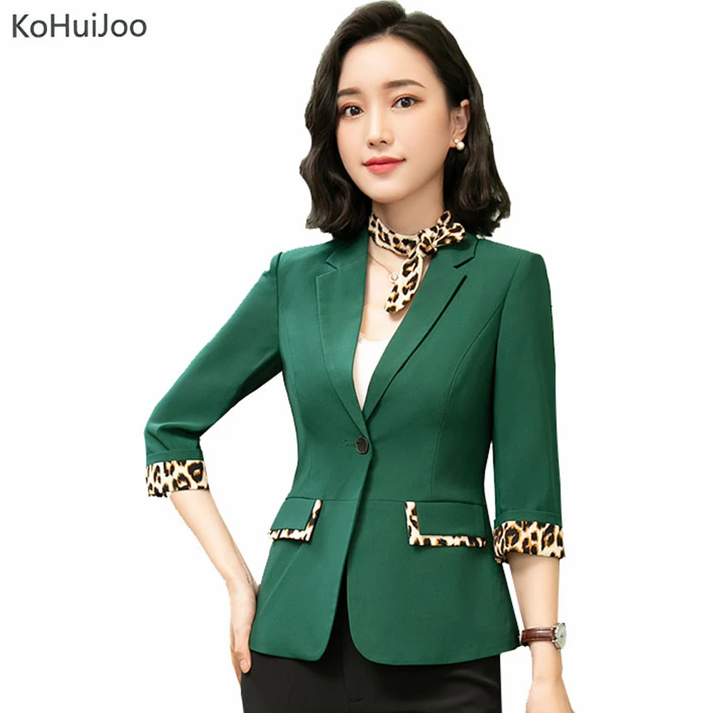 

KoHuiJoo Women Summer Plus Size Blazers Jackets Leopard Patchwork Half Sleeve Blazer for Lady Casual One Button Office Jacket