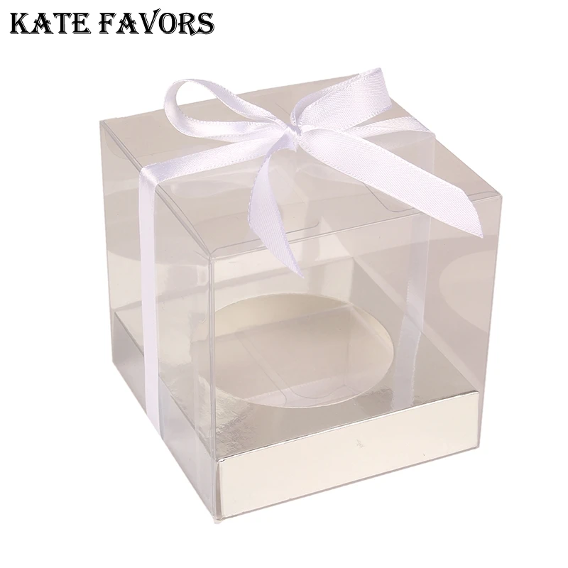 

12Pcs Wedidng Cupcake Box Clear PVC Transparent Cake Boxes With Base Inside Wedding Party Gift Box And Cake Packaging Sliver