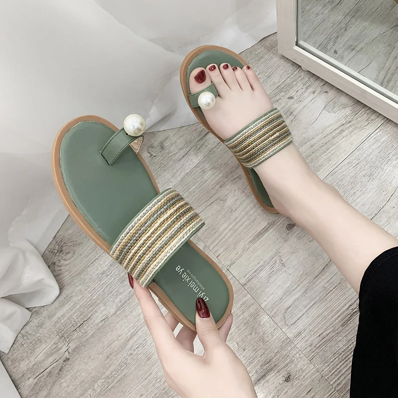 

Clip toe pearl slippers flats beach shoes woman summer girl all match slides comfortable femme flip flops 2019 hot zapatos mujer