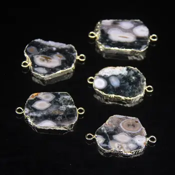 

5pcs Gold Edges Necklace Connectors,Natural Color Ocean Agates Raw Slab Beads,Ocean Jaspers Slice Nugget Pendants Charms Jewelry