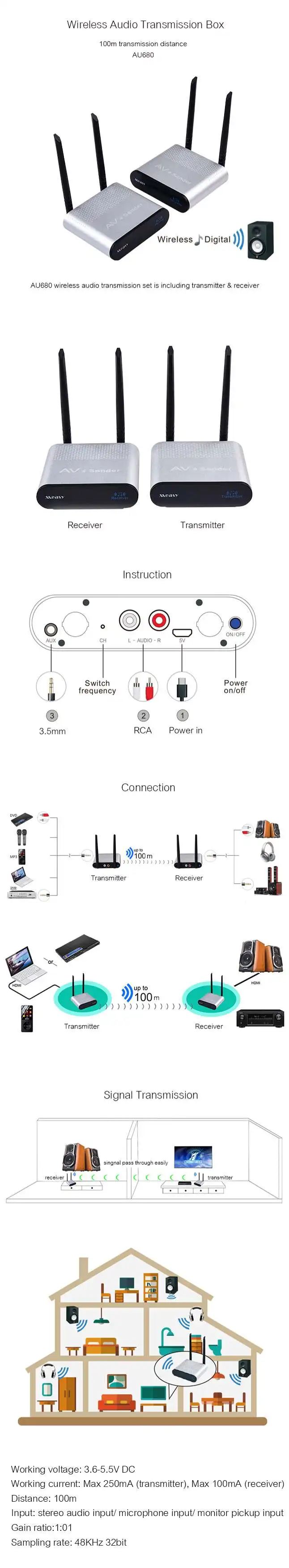AU680 100 m 100mv Домашний Беспроводной аудио передатчик + приемник 3,5 мм RCA 2,0 канал 749-770 МГц 3,6-5,5 В DC 48 кГц 32bit