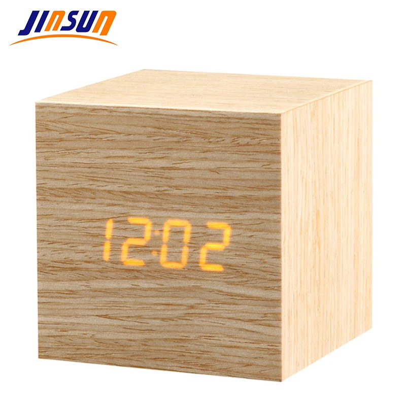 JINSUN Digital LED Alarm Clock Sound Control Wooden Despertador Desktop Clock Temperature Display Table Clock Wekker  KSW110