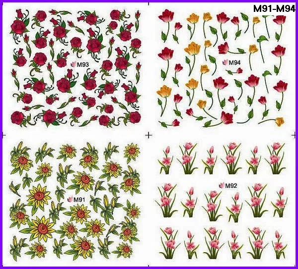 4 пачки локоны волос/lot дизайн ногтей переводные наклейки на ногти Стикеры Цветочный Кристалл полное покрытие тюльпан Орхидея бутон розы M091-M094