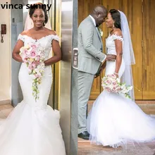 Vestido De Noiva Белый Русалка Свадебные платья Кружева с открытыми плечами развертки поезд Свадебные платья Свадебное платье