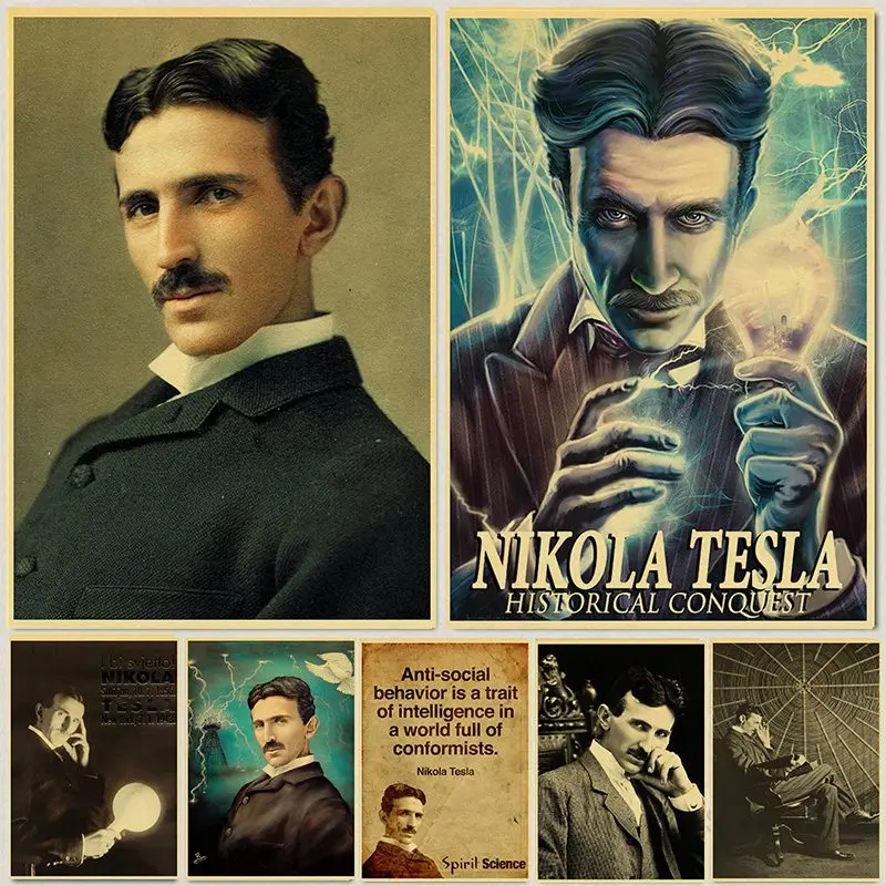 

Vintage Poster and Prints Nikola Tesla Poster coil turbine lamp tower patent parchment paper style Art Painting Wall sticker