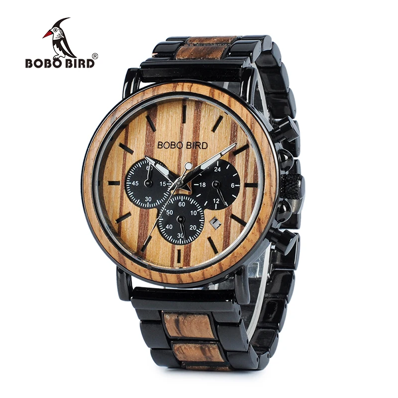 BOBO BIRD Wood Men Watches Stop Watch with Wooden and Stainless Steel Band OEM Stylish Elegant Timepieces Montre Homme K-P09-1