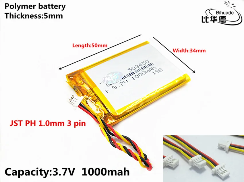 JST PH 1,0 мм 3 контакта хорошего качества 3,7 V, 1000 mAH 503450 полимерный литий-ионный/литий-ионный аккумулятор для планшетных ПК банк, gps, mp3, mp4