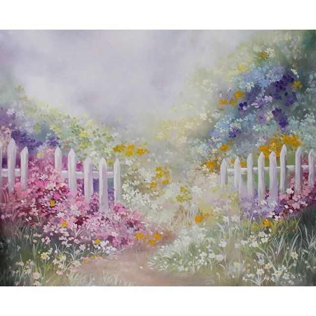 Vinyl Photography Backdrops Oil Printing Floral Flowers Dream Garden White Fence Baby Birthday Children Backdrop Background