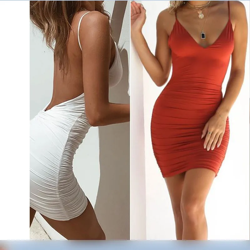 

Summer Sexy Dress Womens Deep V-Neck Backless Solid Color Draped Bodycon Evening Party Club Short Mini Dress