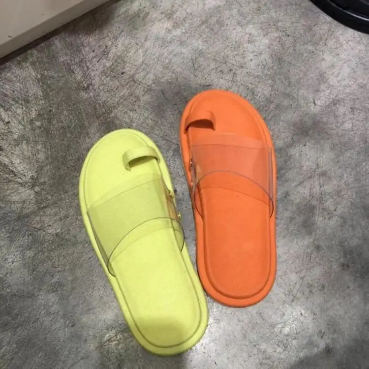 

Mixed Color Yellow Orange Rubber Sole Slippers Women Transparent PVC Clear One Buckle Slides Chic Split Toe Ladies Shoes Outdoor