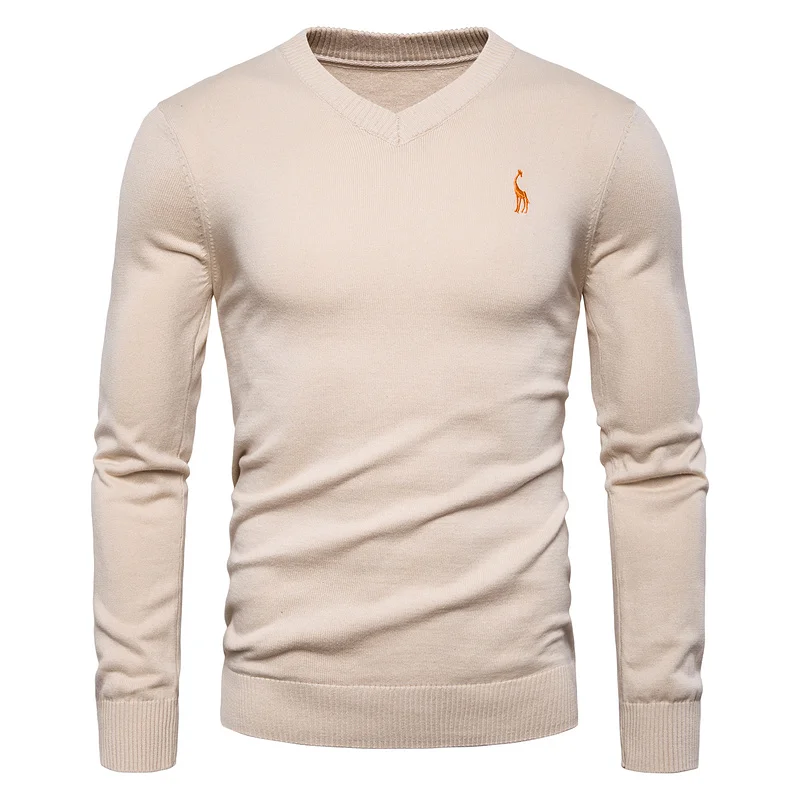 2019 Autumn Winter Brand Quality 100% Cotton Mens Sweaters V Neck Pullovers Men Solid Embroidery Sweater Men