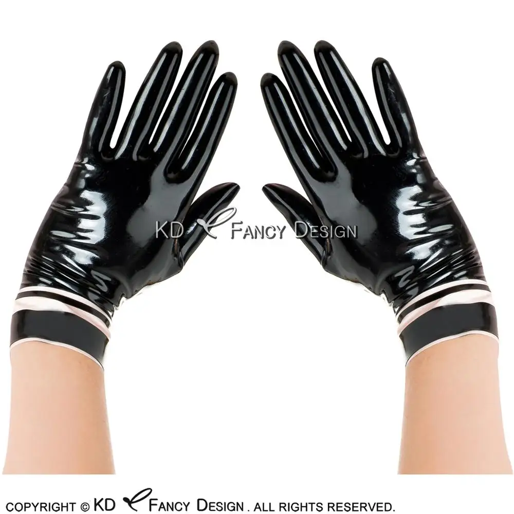 

Black With White Trims Sexy Short Latex Gloves With Stripes At Bottoms Rubber Mittens ST-0047