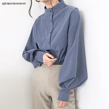 Qiukichonson Lantern Sleeve Spring Autumn Women Blouse Korean Fashion Vintage Stand Collar Single Breasted White Shirt stand collar single breasted three quarter sleeve blazer