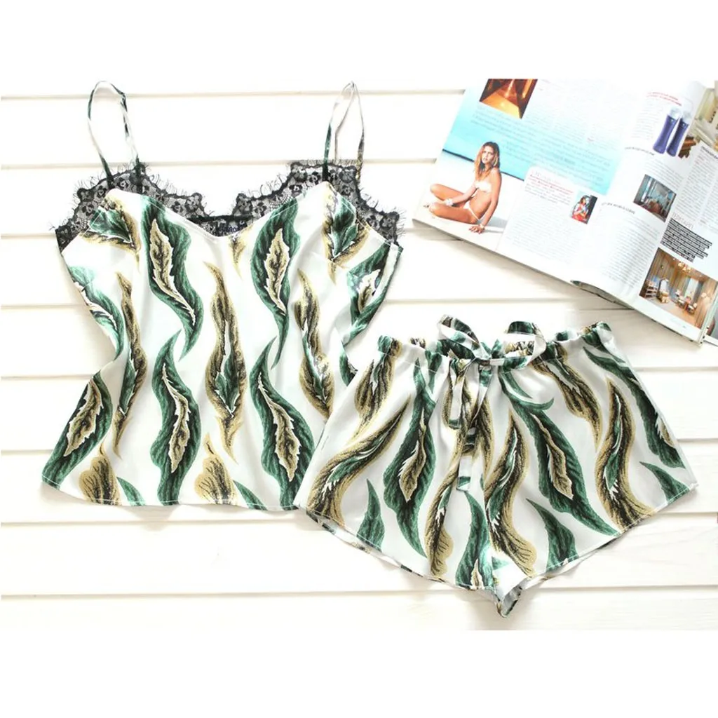 

Women Summer Satin Sexy Silk Bowknot Printing Camisole Shorts Set Sleepwear Flower Pajamas Lingerie Robe Babydoll Nightwear