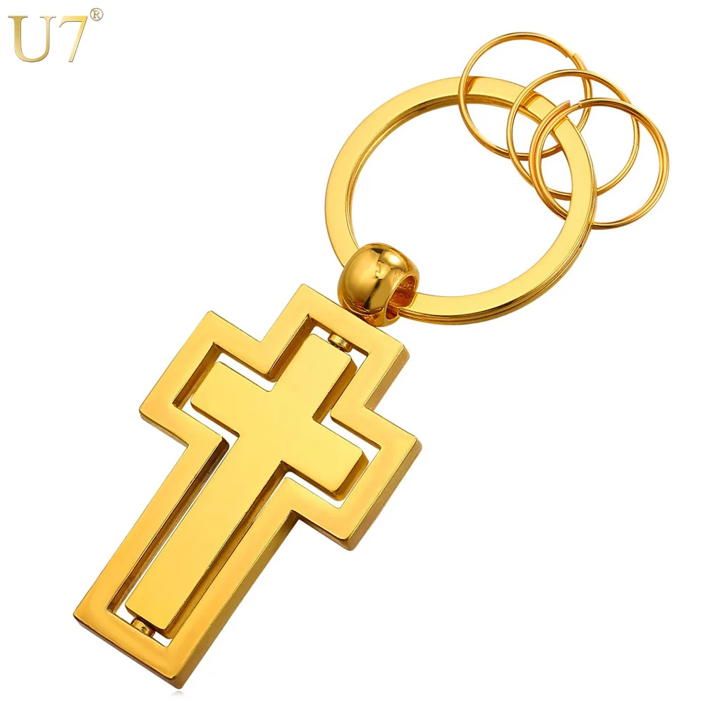 

U7 New Key Holder Men Keychain Accessories Fashion Jewelry Gold Color Metal Cross Key Chains Key Rings K008