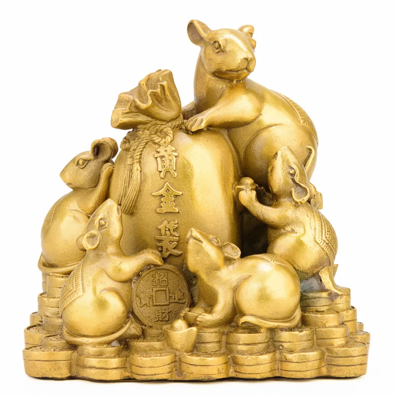 Китайская латунная ловушка для мышей ручной работы Fengshui с золотой сумкой статуя