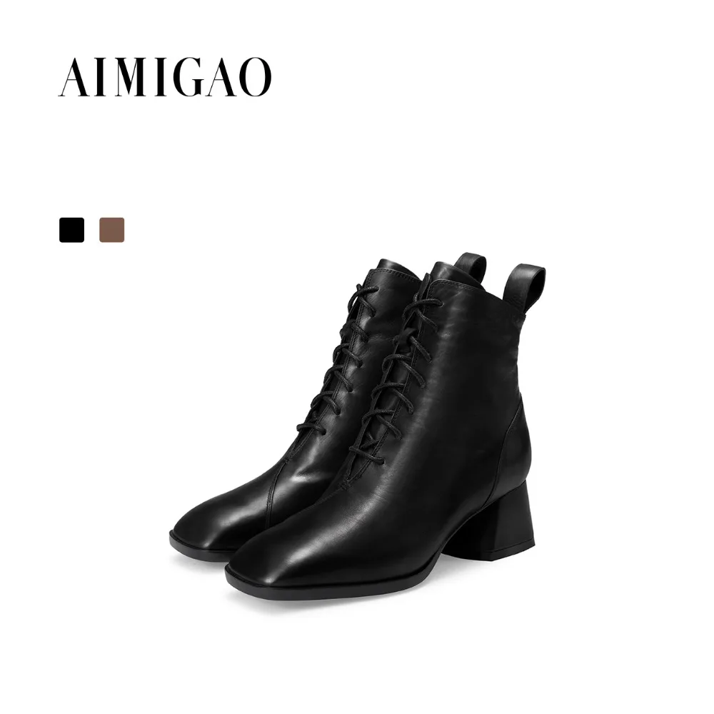 

AIMIGAO Genuine Leather square toe side zipper ankle boots for women 2017 autumn winter new Fashion women Lace-up Martin boots