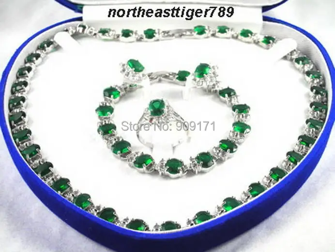 

Free Shipping>>>>Green Cubic Zirconia Gem 18KWGP Crystal Necklace Bracelet Earrings Ring Set