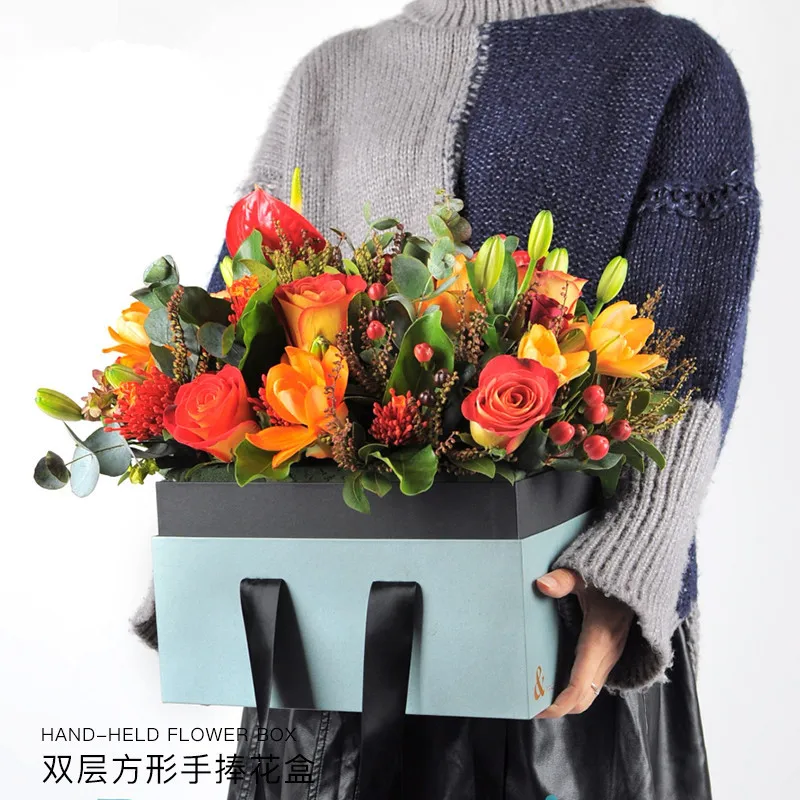 

Ribbon Handle Double Layer Florist Box Rectangle Surprise Gift Packaging Box Florist