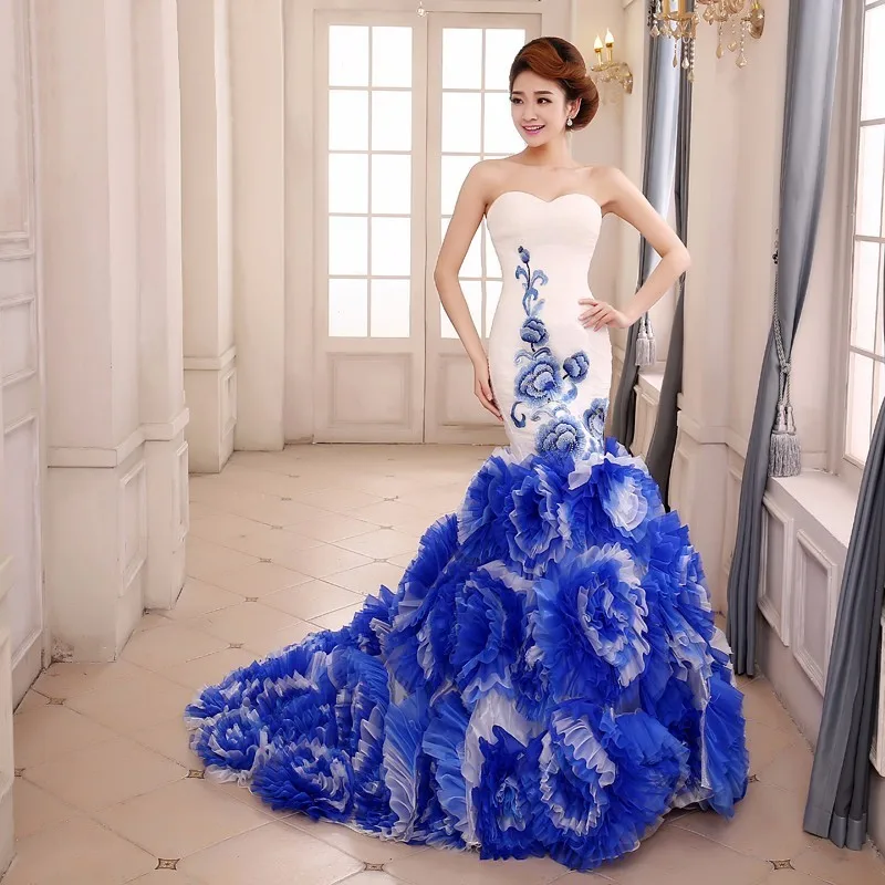 Блан фарфор Cheongsam Роскошные Длинные вечерние платья модные шоу со шлейфом