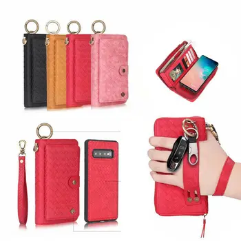 

Handbag Zipper Multi 14 Cards Woven Leather Wallet Case For Samsung S10+ S10E S9 Plus Note 9 Women Clip Handle Leather Cover