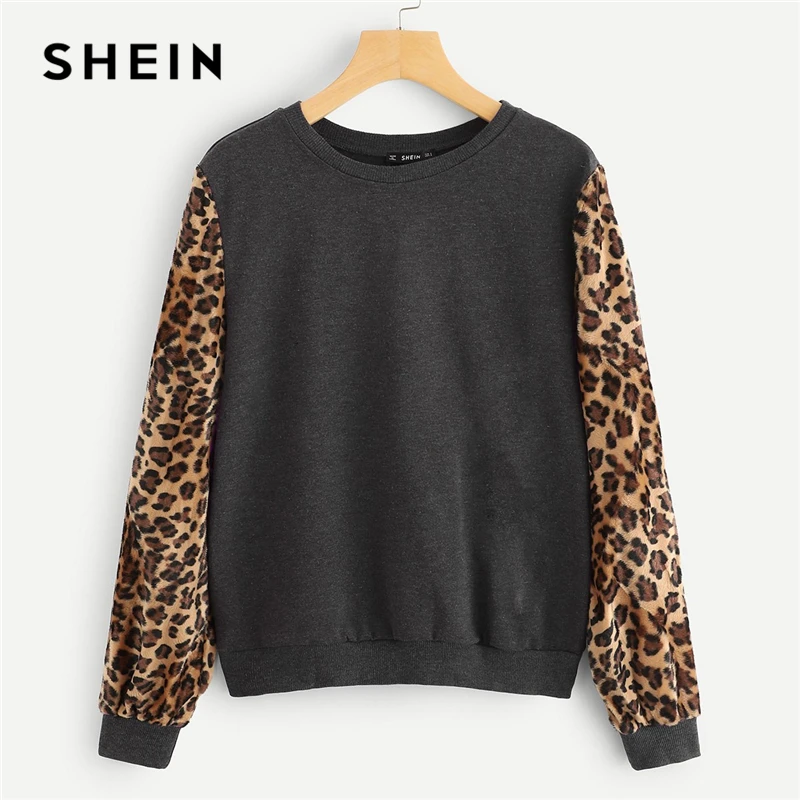 

SHEIN Modern Lady Grey Highstreet Round Neck Long Sleeve Colorblock Leopard Sleeve Pullover 2018 Autumn Casual Women Sweatshirts