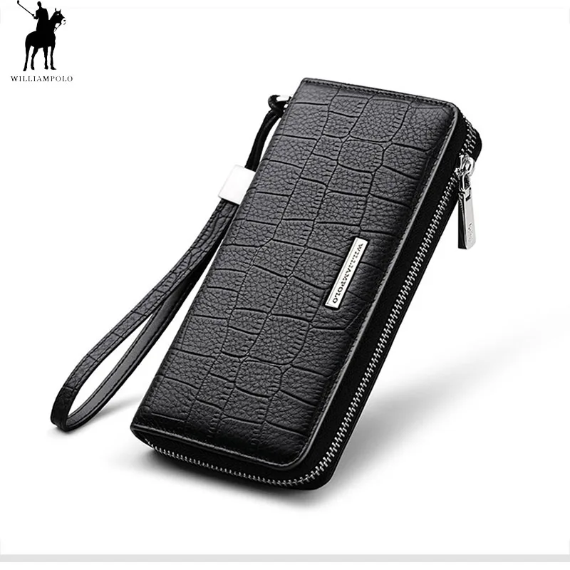 

Genuine Leather Long Wallet Men Zipper Wallet Clutch Bag Card Holder Hand Strap Purse Luxury Brand Phone Wallet Male POLO291