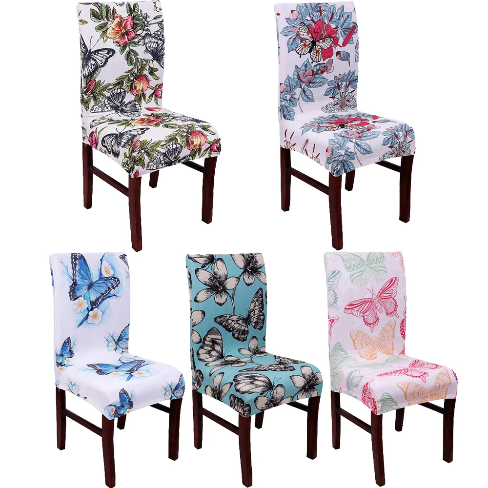 Spandex Elastic Butterfly Flowers Printing Chair Covers Stretch Office Chair Covers Hotel Dining Party Seat Cover 