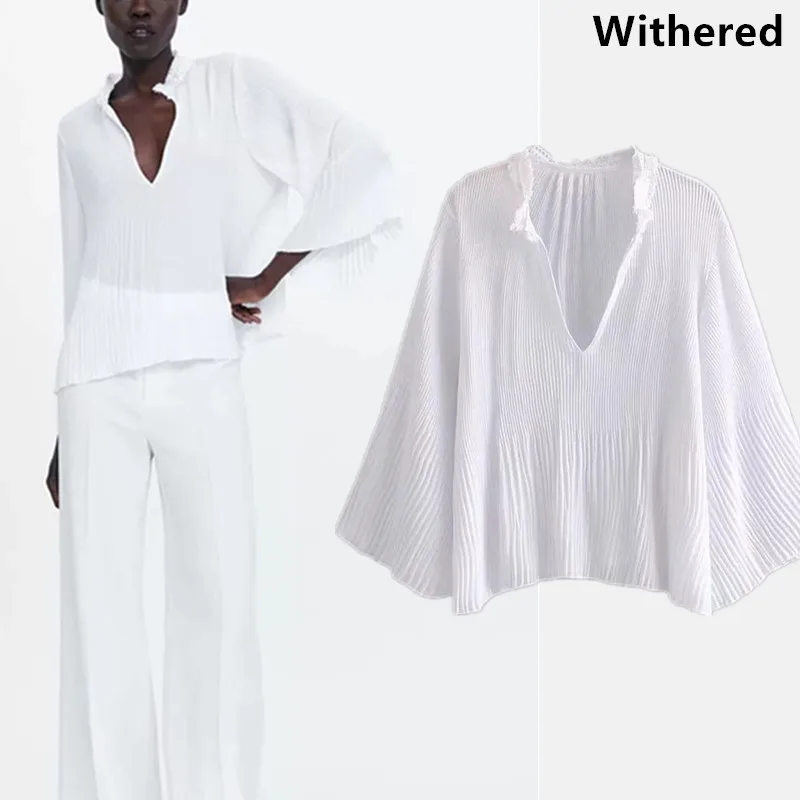 

Withered blusas mujer de moda 2019 v-neck pleated flare sleeve solid england style kimono blouse womens tops and blouses