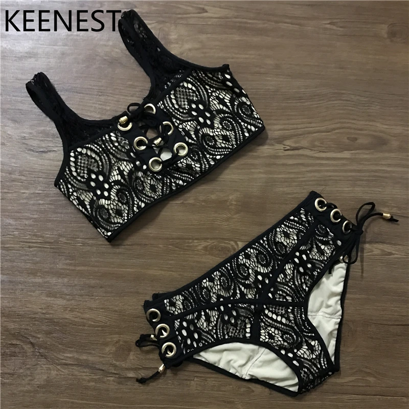 KEENEST кружевное бикини сексуальный укороченный топ с высокой талией женское 3