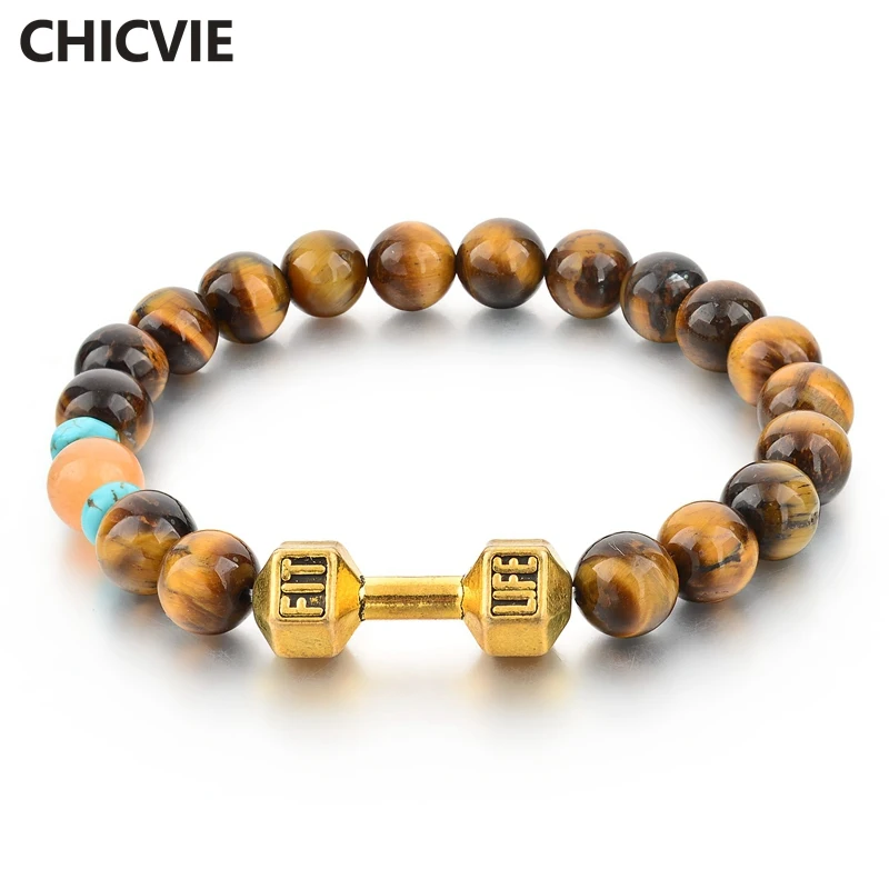 

CHICVIE New Dropshipping Vintage Gold Dumbbell Charms Bracelets & Bangles For Women Men Tiger Stone Jewelry Bracelet SBR160178