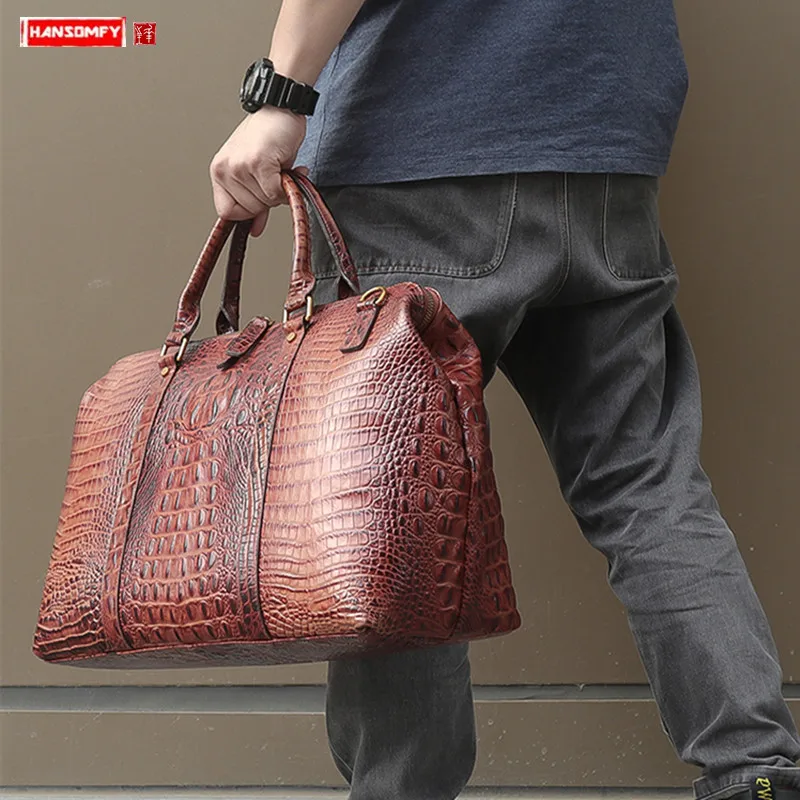 2022 Retro Genuine Leather Men's Handbags Crocodile Pattern Shoulder Messenger Bag Duffel Laptop Diagonal Crossbody Bags Big |