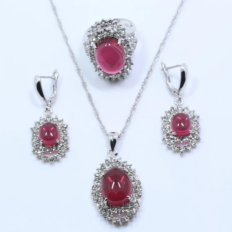 

MANNY Gracious Rose Red Crystal 925 Silver Brides Jewelry Sets Earring Pendant Ring Necklace Chain Free Gift Box T98