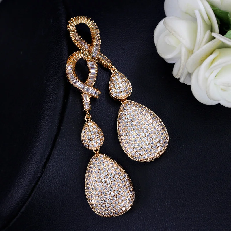 CWWZircons, качественные Свадебные вечерние золотые ювелирные изделия из Дубаи, микро проложенные кубическим цирконием камни, длинные золотые серьги-капли для женщин CZ120