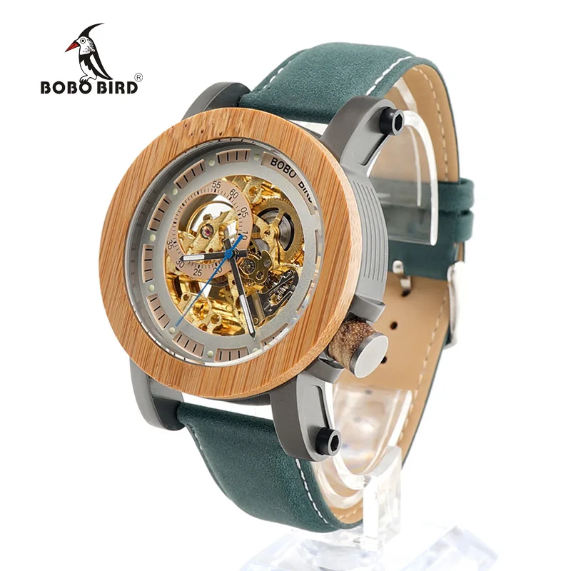 Мужские часы BOBO BIRD Gear роскошные брендовые механические зеленые наручные из