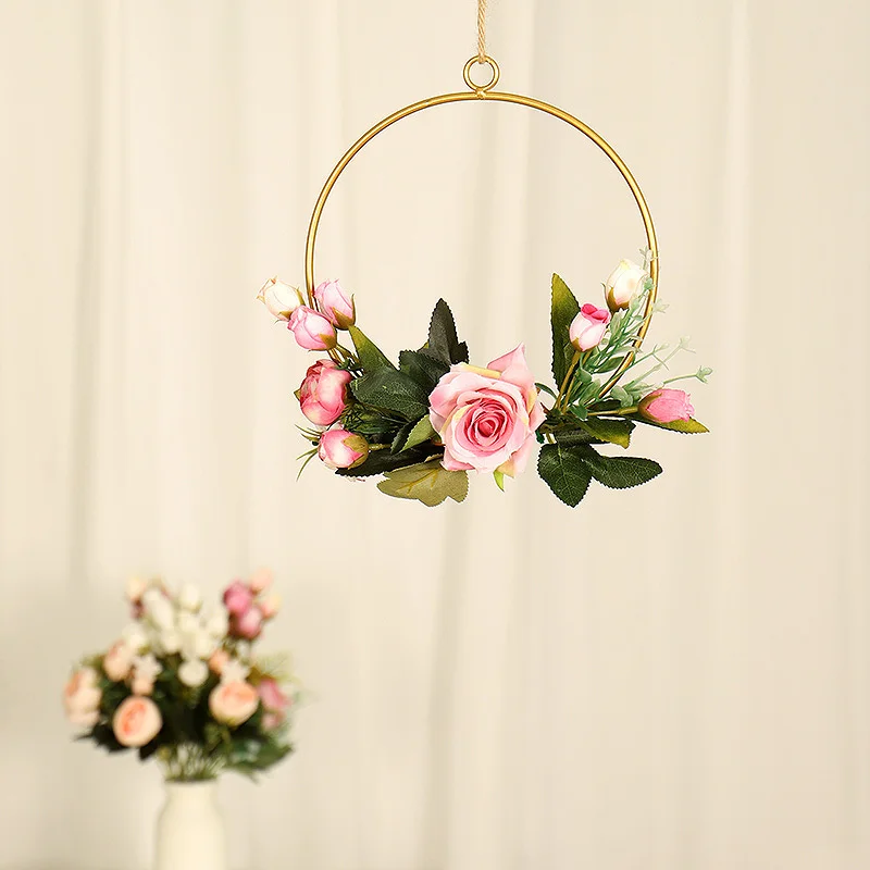 

20cm Artificial Flower Wreath Metal Pendant Home Decor Ornaments Front Door Wall Home Wedding Hanging Flower Garland Decoration
