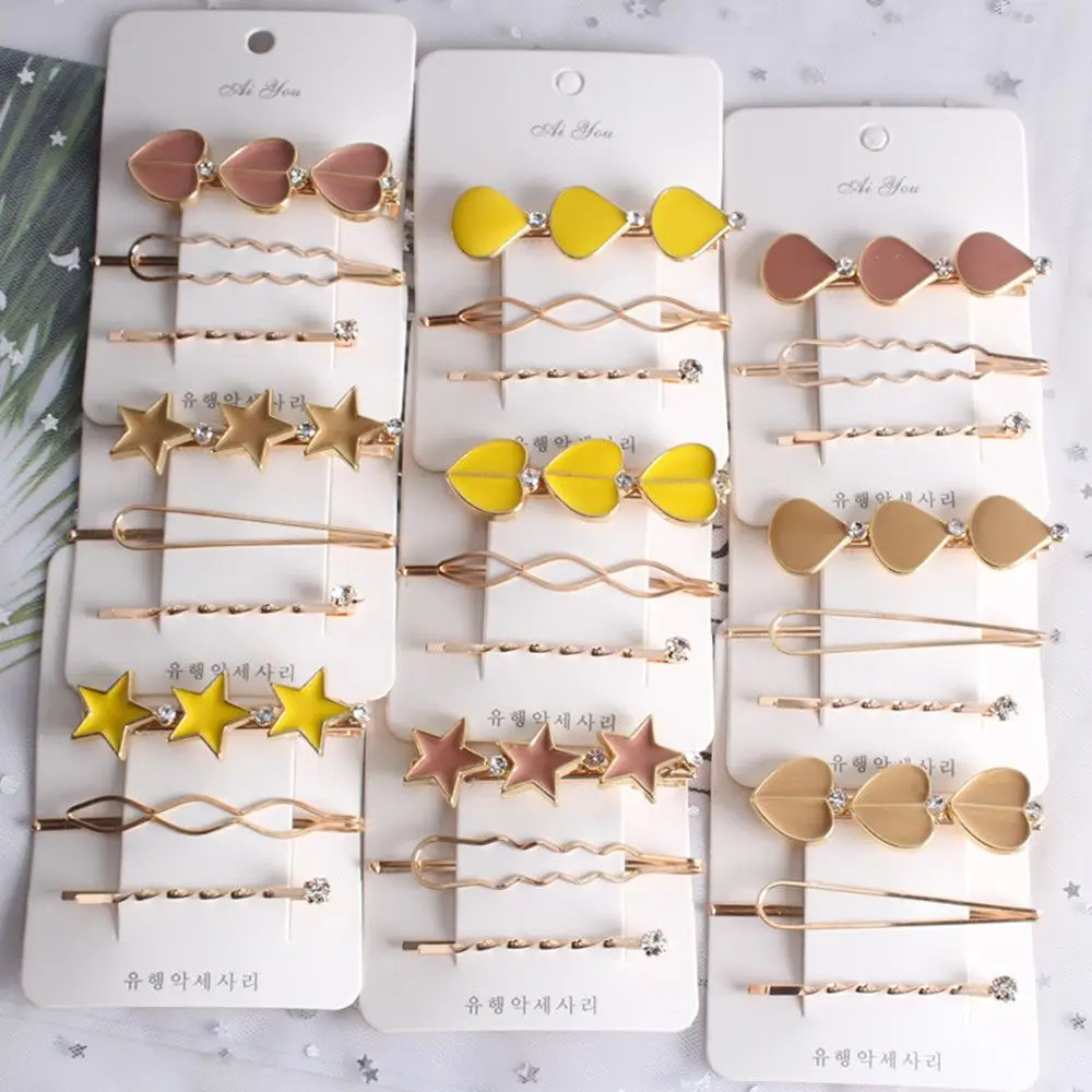 3 предмета, модные, из сплава металлов Заколки для волос с геометрическим принтом со звездой заколки для волос в форме сердца Barrett Для женщин Золотой Цвет заколка для волос, аксессуары для волос