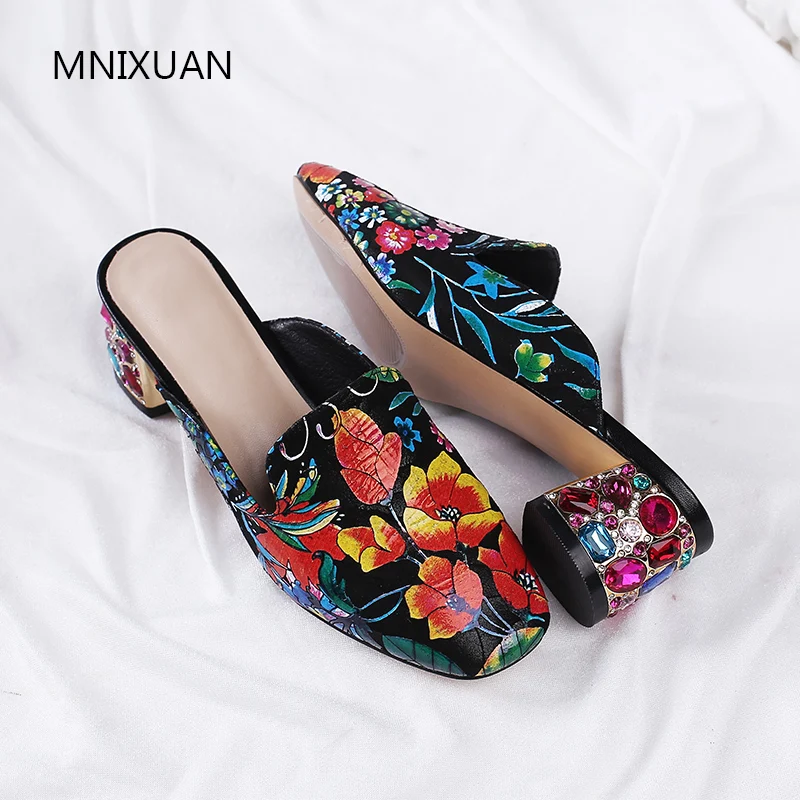 

MNIXUAN Fashion Chinese printing flowers spring women pumps shoes mules 2019 new square toe rhinestone block high heels big size
