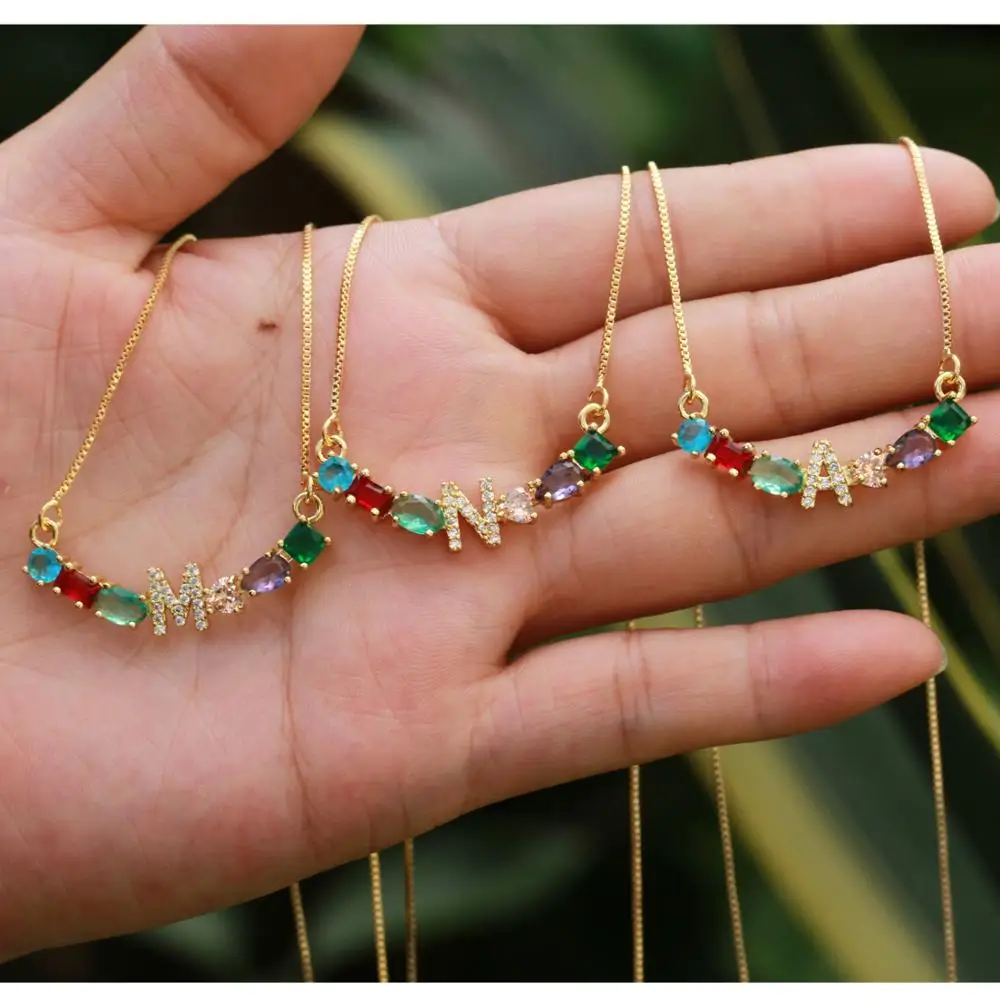 

NEW Design 1Pcs Gold Chain Necklace Rainbow CZ Cubic Zirconia Initials A To Z Letter Pendant Necklaces For Women Jewelry