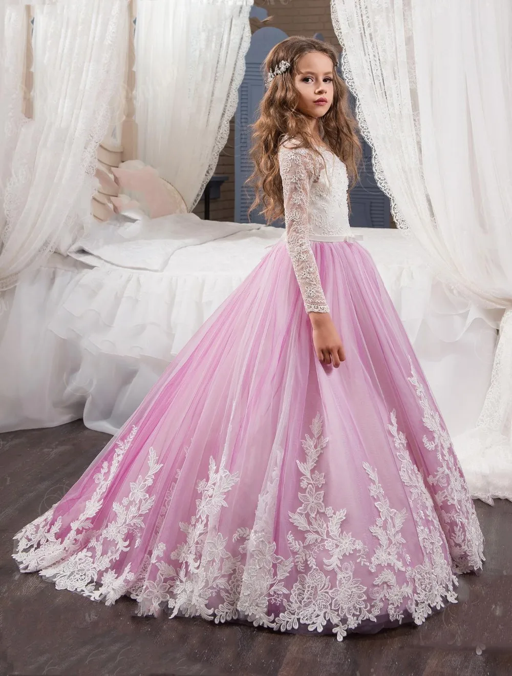 2017-Princess-Long-Sleeves-Lace-Flower-Girl-Dresses-2017-Vestidos-Puffy-Pink-Kids-Evening-Ball-Gown