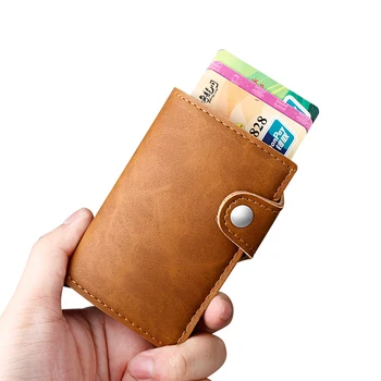 

RFID Blocking Vintage Automatic Leather Credit Card Holder Men's Metal Aluminum Alloy Business ID Cardholder Slim Wallet Purse