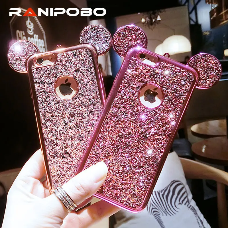 

Rhinestone Glitter Bling 3D mouse ear Phone Case for iPhone XR XS Max X 6 6s 7 8 Plus SE 5 5s Soft Silicone plating Back Cover