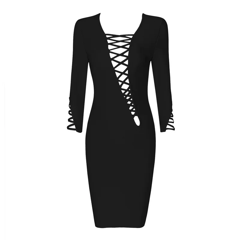 Открытое женское Бандажное платье осень с длинным рукавом сексуальное Клубное с v-образным Вырезом Сексуальное Мини Черное вечернее платье знаменитостей