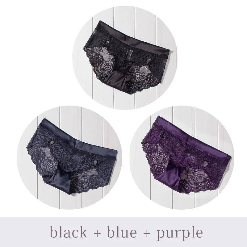DULASI, сексуальные кружевные прозрачные трусики, нижнее белье для женщин, бесшовные хлопковые дышащие трусы для женщин, средняя талия, 3 шт./лот, нижнее белье - Цвет: Black Blue Purple