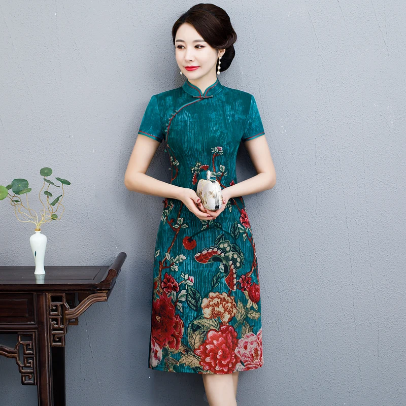 

Elegant Women Sexy Slim Flower Cheongsam Traditional Chinese Female Evening Dress Retro Vestidos Chiffon Stage Show Qipao 3XL