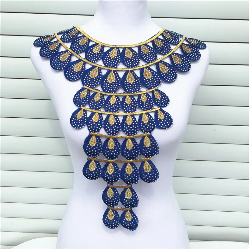 

1pc Royal Luxurious Hotfix Rhinestones African Lace Neckline Collar Iron On Embroidery Appliques For Cloth Accessories 34x43cm