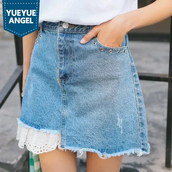 

Preppy Style Sweet Lace Hollow Out Denim Shorts Skirts Womens Patchwork Rivet Zipper Short Femme Fashion Casual Shorts for Girls