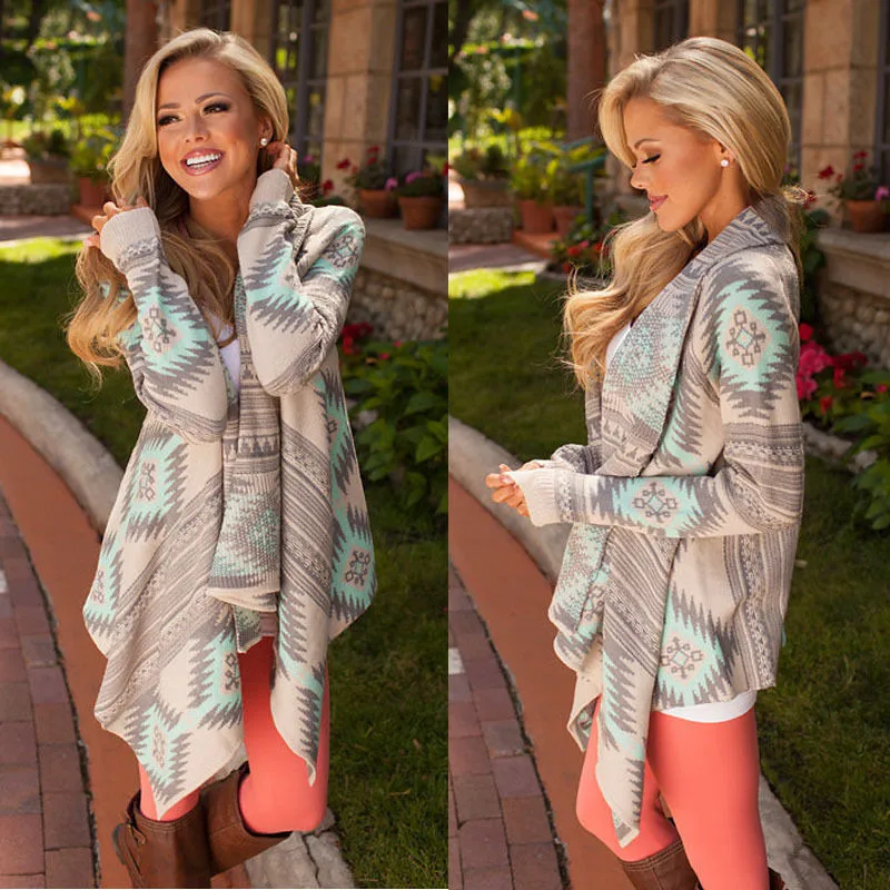 Promo Women 2018 Irregular Geometric Printed Cardigan Open Front Loose Aztec Sweaters Jumper Outwear Jack