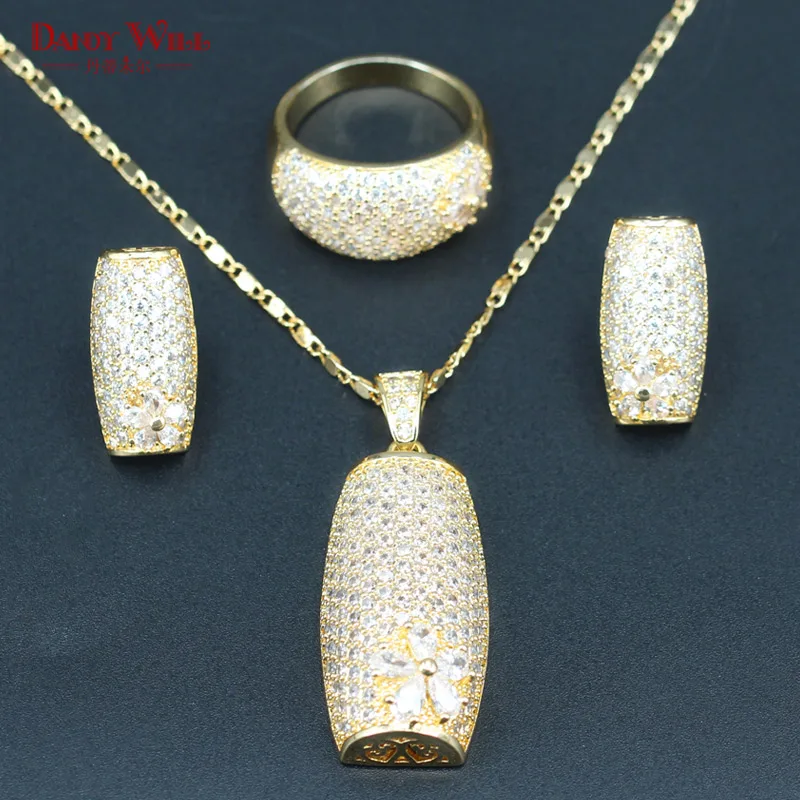 

Fabulous Gold Color Wedding Jewelry White Cubic Zirconia Jewelry Sets For Women Necklace Earrings Ring Pendants T72