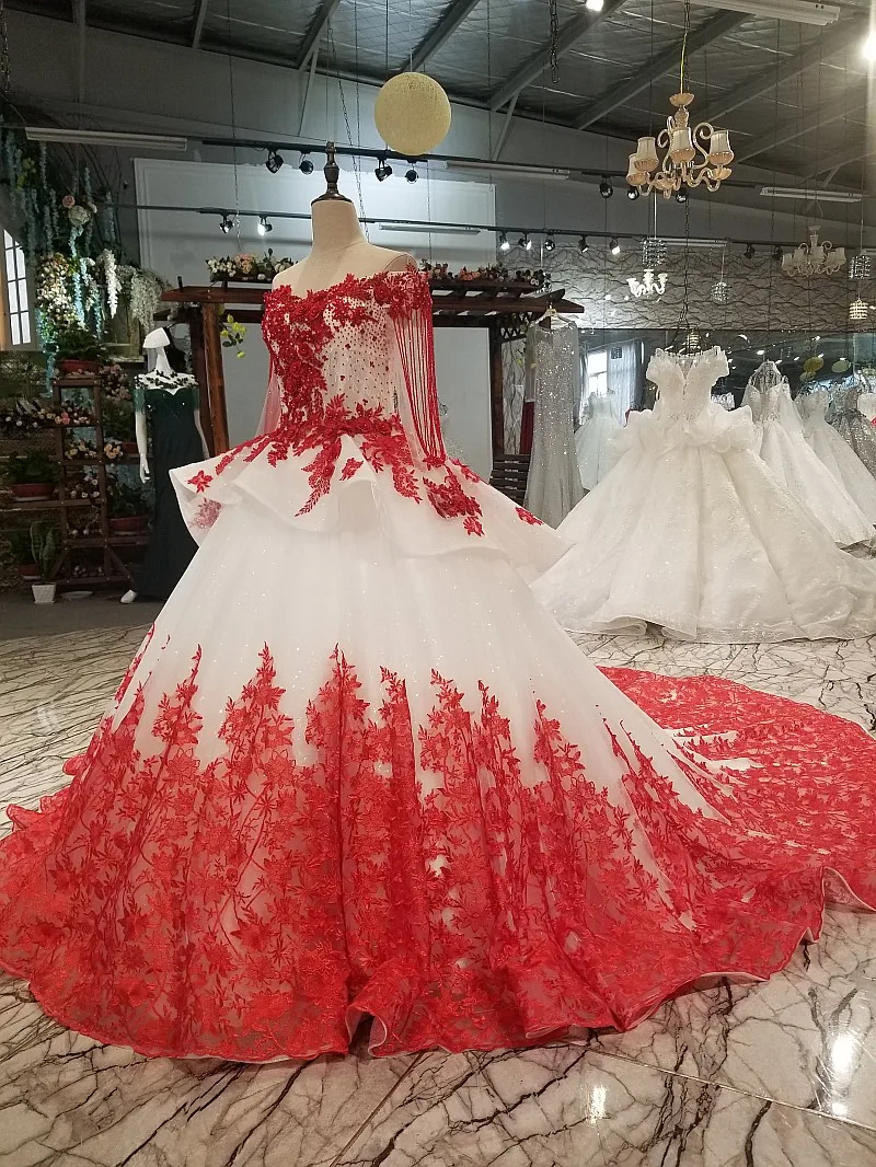 LS05410 sexy off shoulder red flowers evening dress long sleeves sweetheart evening party dresses for beauty girl quick shipping